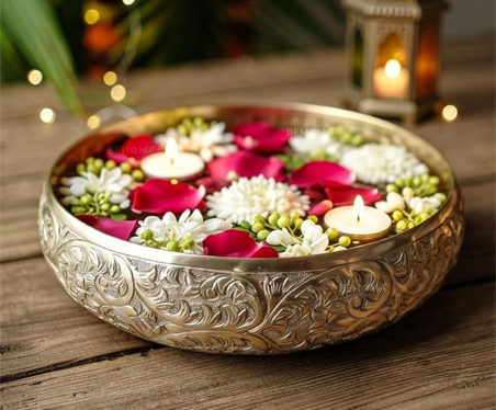 Golden Aluminium Chitai Design 10" inch Urli | Navratri Durga Puja Indoor Outdoor Center Table Flower Decorative Bowl